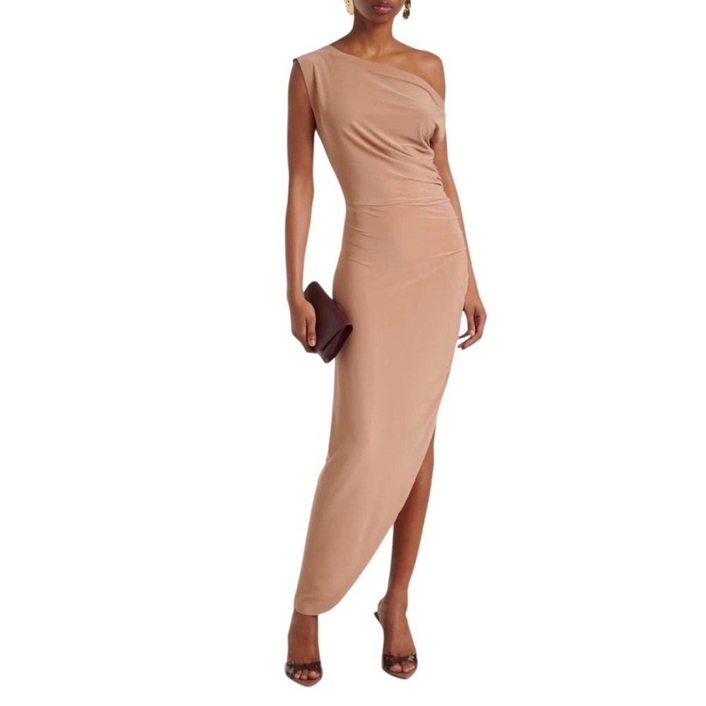 Norma Kamali Draped Asymmetrical Gown Cappuccino Nude Ruched Dress Sz M NWT